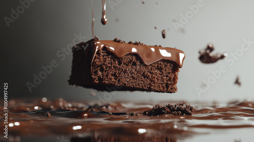 Indulge in delicious floating chocolate cake slice, drizzled with rich chocolate ganache, creating mouthwatering visual delight. glossy surface enhances its appeal