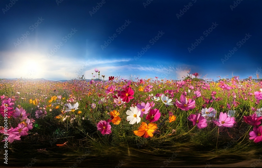 A field of colorful cosmos flowers blooms under a bright blue sky, with a sun shining overhead. A field of colorful cosmos flowers blooms under a bright blue sky, with a sun shining overhead.