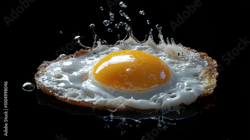 floating fried egg with bright yellow yolk and white, surrounded by splashes of water, creates dynamic and appetizing visual. contrast against black background enhances its appeal