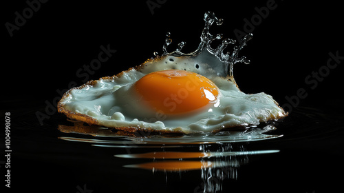 floating fried egg with vibrant yolk and whites creates stunning splash effect in water, showcasing its delicious appeal and inviting texture