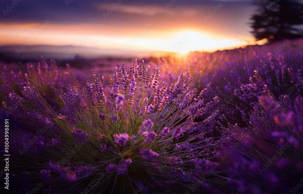 Purple lavender flowers bloom in a field at sunset. Purple lavender flowers bloom in a field at sunset.