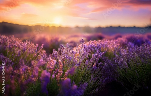 A field of lavender flowers glows with a soft light against a colorful sunrise.