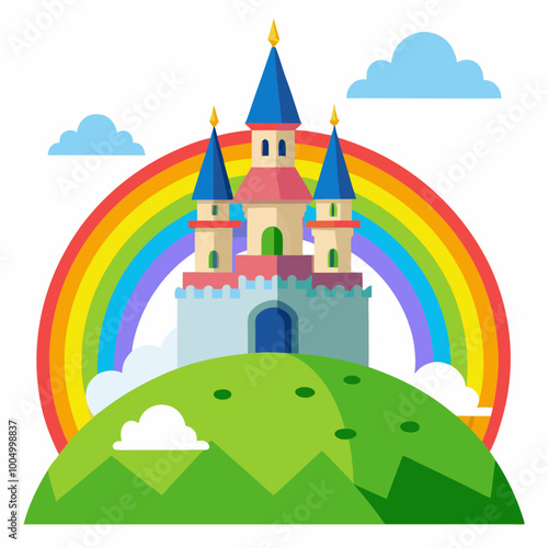 fairy tale castle on a hill with a rainbow 