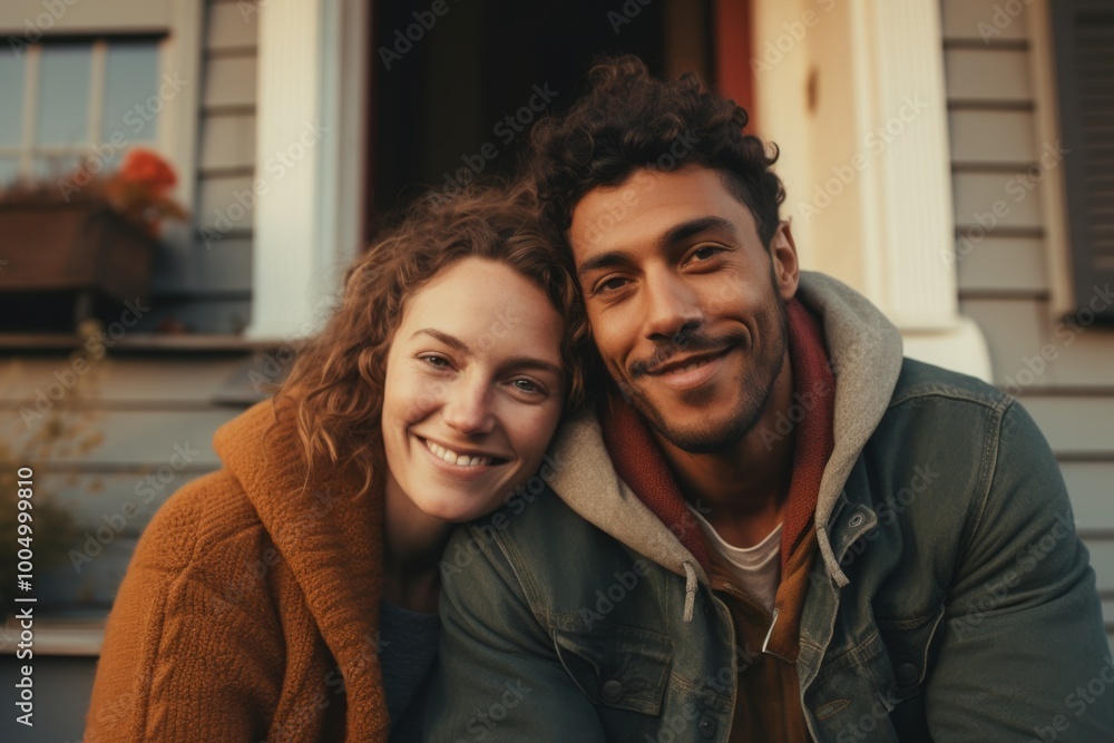 Portrait of a smiling American couple in front of house Portrait of a smiling American couple in front of house