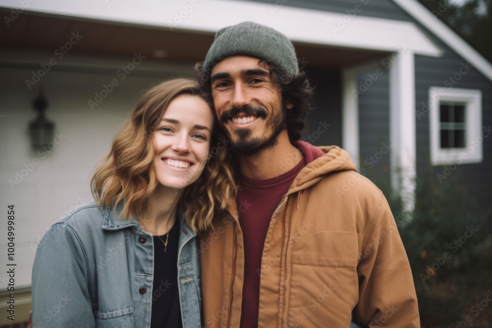 Portrait of a smiling American couple in front of house Portrait of a smiling American couple in front of house