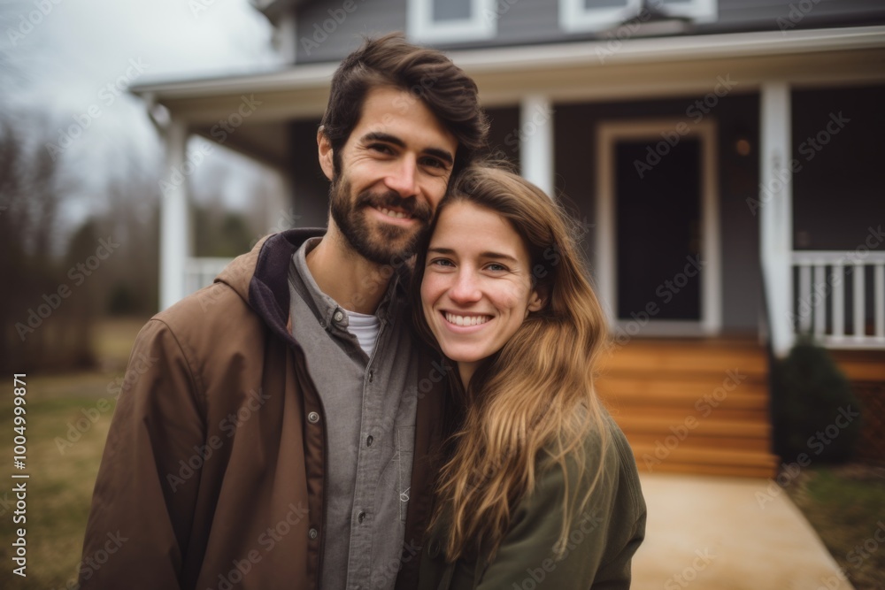 Portrait of a smiling American couple in front of house Portrait of a smiling American couple in front of house