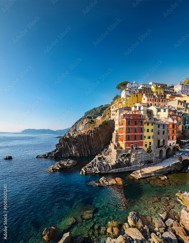 Naklejka premium Colorful cliffside village overlooking serene sea with boats