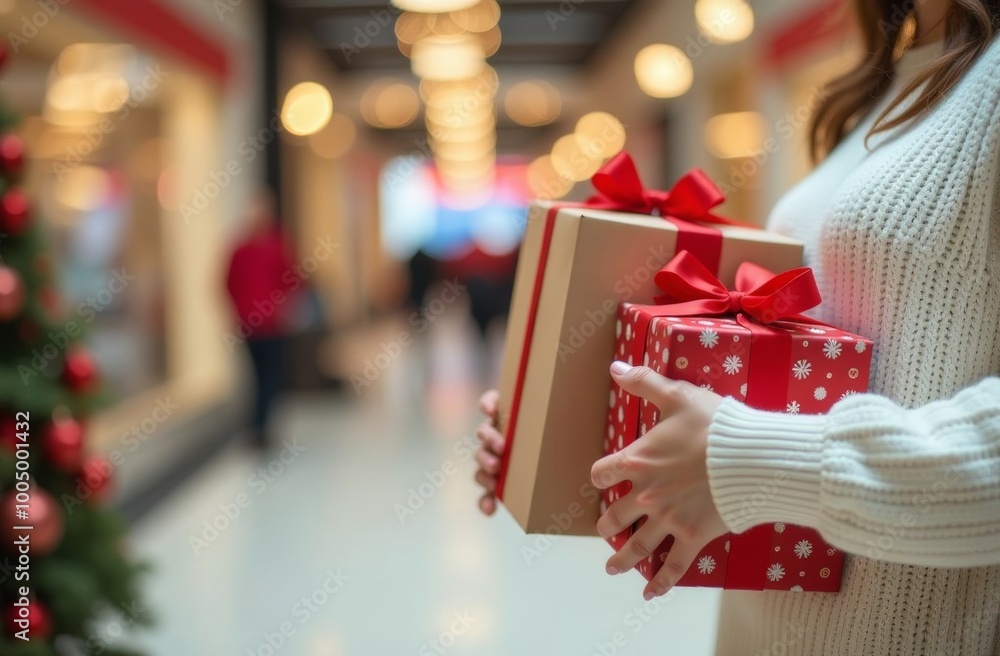Woman Hands in white Sweaters with Gifts in Kraft Paper with Red Ribbon, Blurred Background of Shopping Mall on Background with Christmas Lights and Christmas Tree Woman Hands in white Sweaters with Gifts in Kraft Paper with Red Ribbon, Blurred Background of Shopping Mall on Background with Christmas Lights and Christmas Tree
