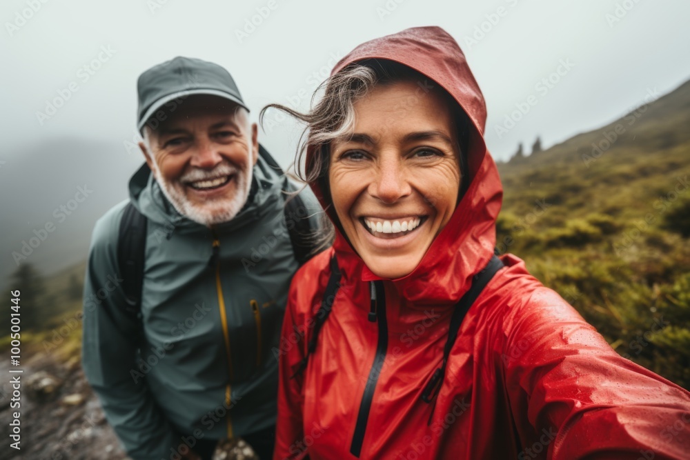 Smiling portrait of senior hikers taking selfie while hiking Smiling portrait of senior hikers taking selfie while hiking