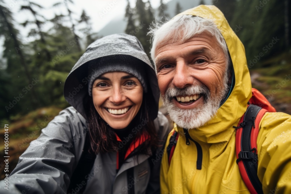 Smiling portrait of senior hikers taking selfie while hiking Smiling portrait of senior hikers taking selfie while hiking