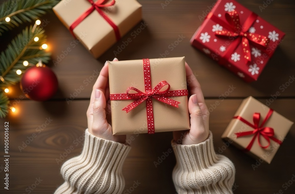 Top view of hands in beige sweater with new year several gifts on wooden background, Top view of hands in beige sweater with new year several gifts on wooden background,