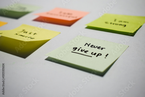 Never give up on sticky notes. Motivational words for personal development, inspirational handwriting. Isolated background
