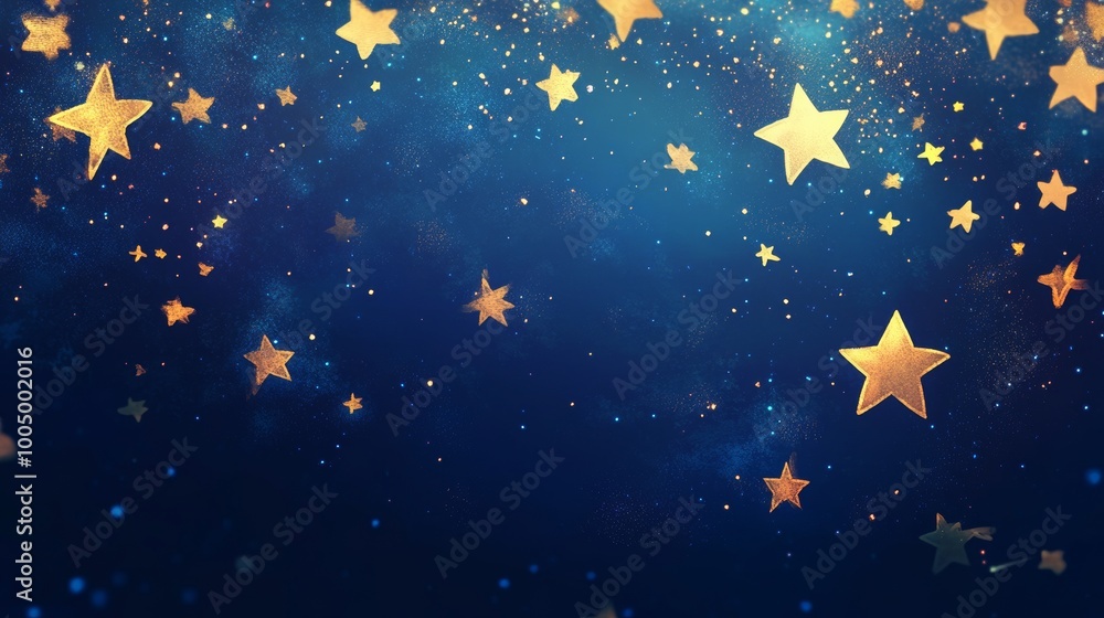 Fototapeta premium Golden stars scattered on a deep blue