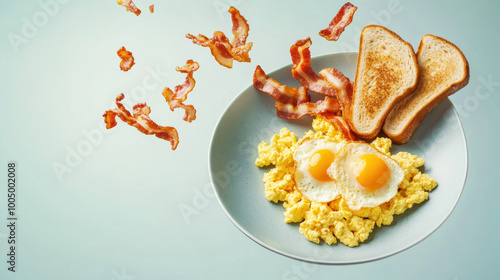 Scrambled eggs with toast and crispy bacon create delicious breakfast scene. vibrant colors and textures evoke sense of warmth and satisfaction