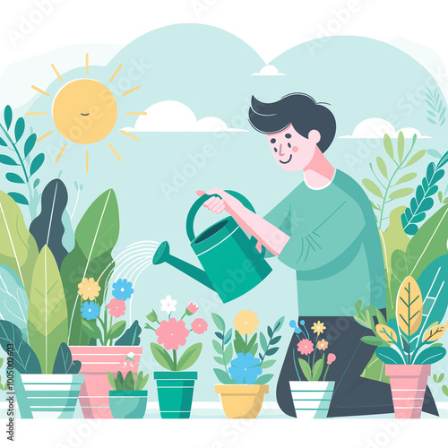 Watering Plant Flat Vector Illustration Design photo