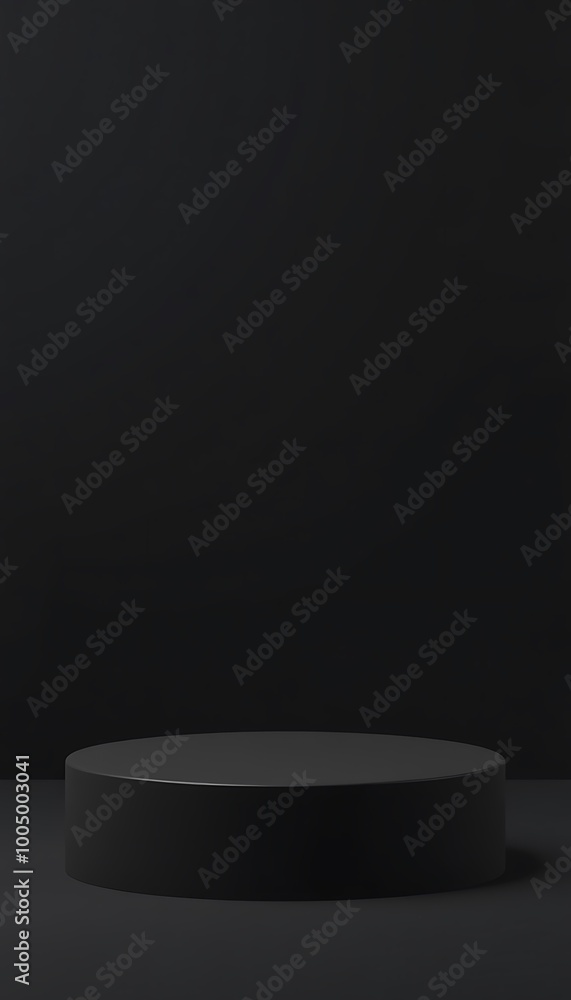A black, circular pedestal sits on a black surface against a black backdrop. A black, circular pedestal sits on a black surface against a black backdrop.