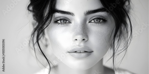 Close-up portrait of a young woman with freckles and long, dark hair, looking directly at the camera with a soft, serene expression.