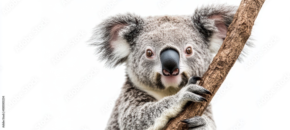 A sleepy koala with its large, round eyes and fuzzy ears, clinging to a branch against a stark white background A sleepy koala with its large, round eyes and fuzzy ears, clinging to a branch against a stark white background