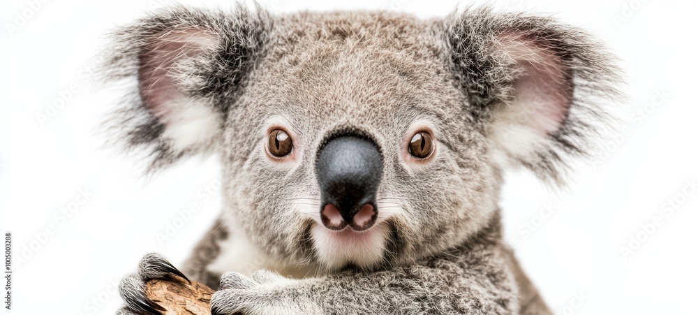 Naklejka premium A sleepy koala with its large, round eyes and fuzzy ears, clinging to a branch against a stark white background