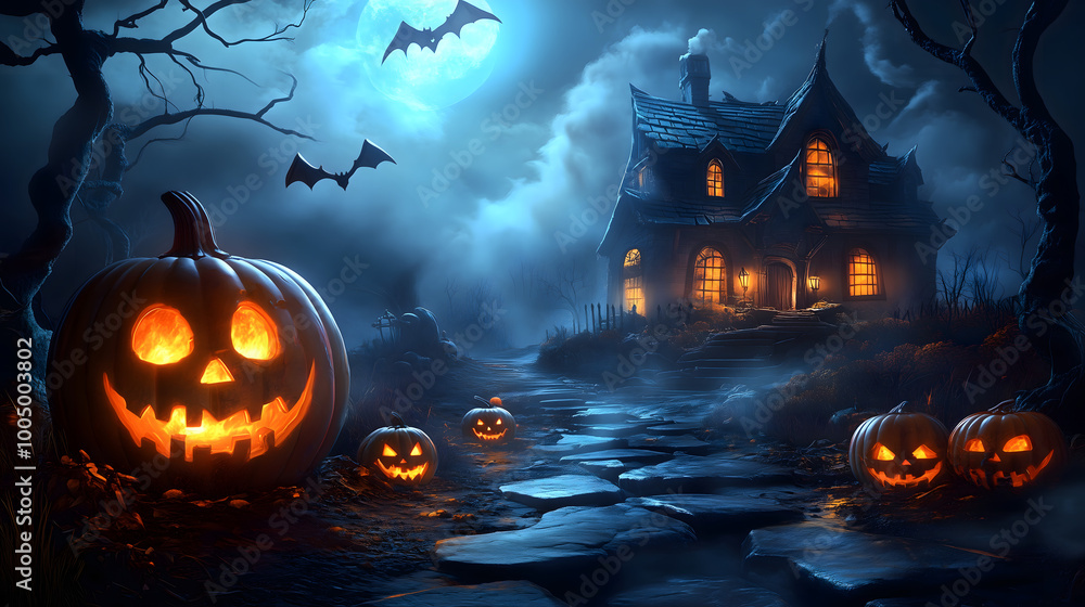 Halloween Background with Pumpkins and Haunted House – 3D Render Halloween Background with Pumpkins and Haunted House – 3D Render
