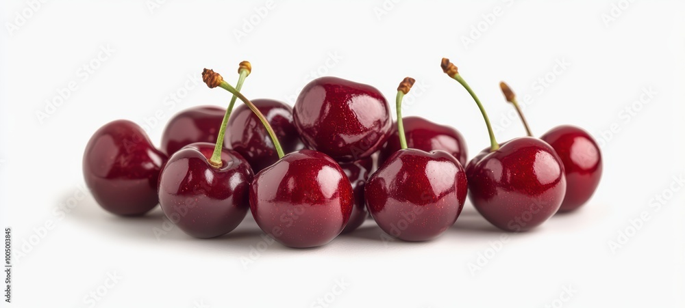 A small pile of glossy red cherries with their stems, arranged on a white background A small pile of glossy red cherries with their stems, arranged on a white background