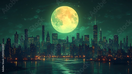 Green Moon Over City Skyline Night Illustration photo