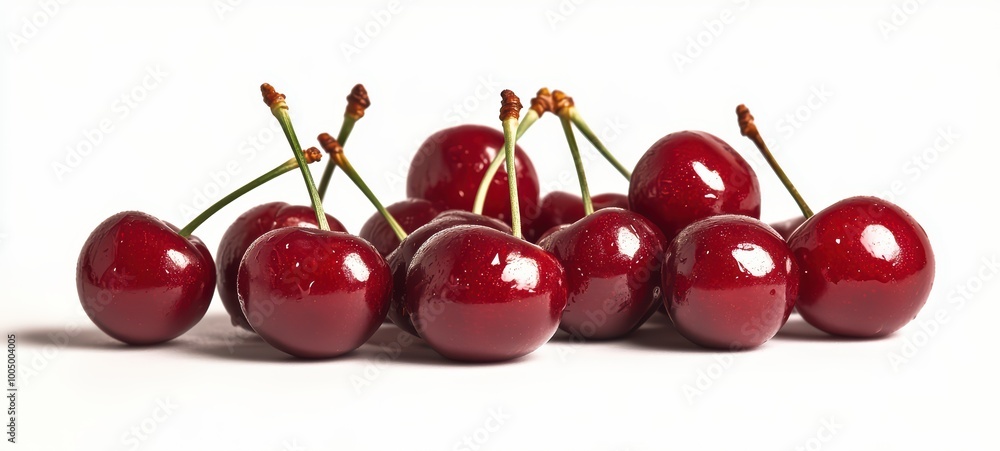 A small pile of glossy red cherries with their stems, arranged on a white background A small pile of glossy red cherries with their stems, arranged on a white background