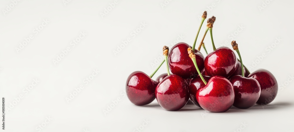 A small pile of glossy red cherries with their stems, arranged on a white background A small pile of glossy red cherries with their stems, arranged on a white background