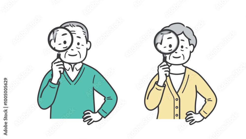 虫眼鏡を持つ後期高齢者男女の上半身イラスト
虫眼鏡を持つ後期高齢者男女の上半身イラスト