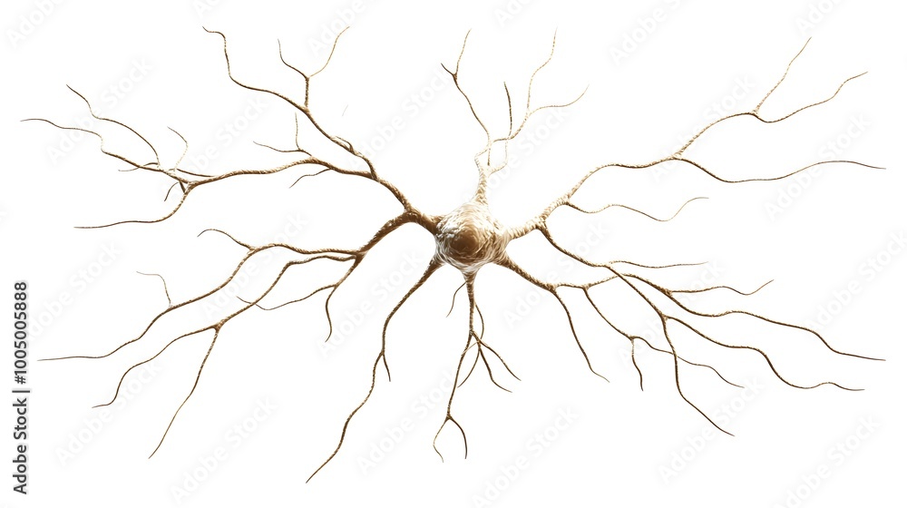 A 3D rendering of a neuron cell with a single cell body and many dendrites. A 3D rendering of a neuron cell with a single cell body and many dendrites.