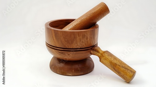 wooden mortar and pestle on white background