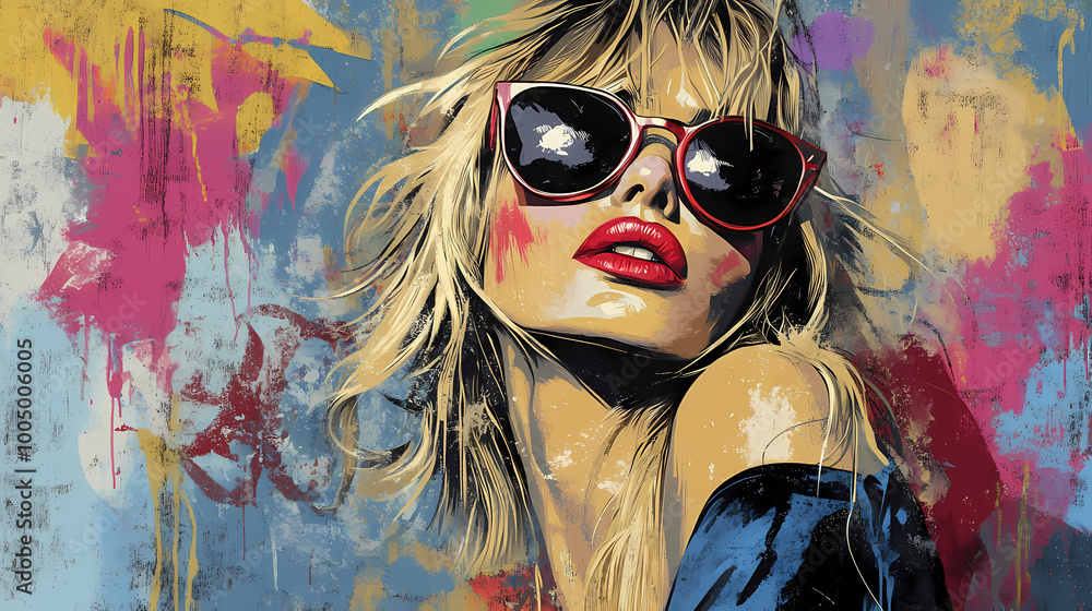 Urban pop art style portrait of fashionable woman with sunglasses on graffiti background. Stencil Art. Illustration