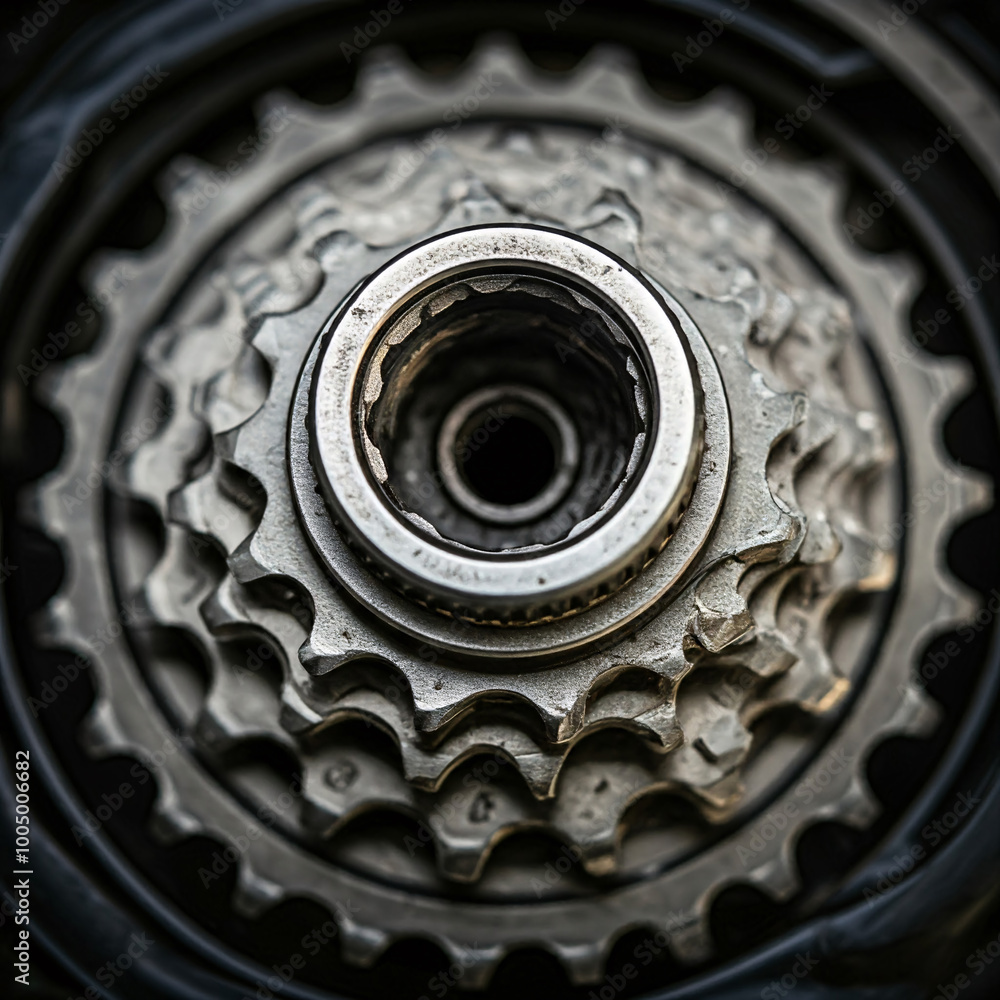 Close-up of a metallic bicycle cassette on a dark background Close-up of a metallic bicycle cassette on a dark background
