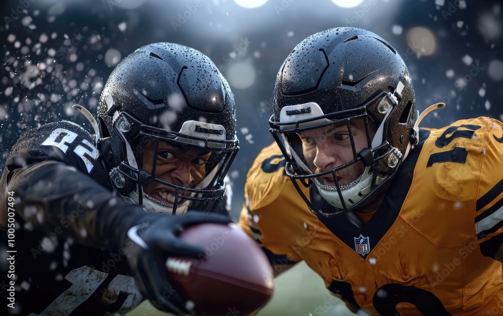 Naklejka premium Gridiron warrior: portrait of an American football player, athletic prowess and mental toughness, dynamic energy, strategic thinking, and relentless drive that define essence of football.