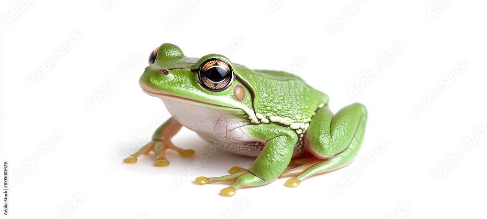 A vibrant green frog poised on a white background A vibrant green frog poised on a white background