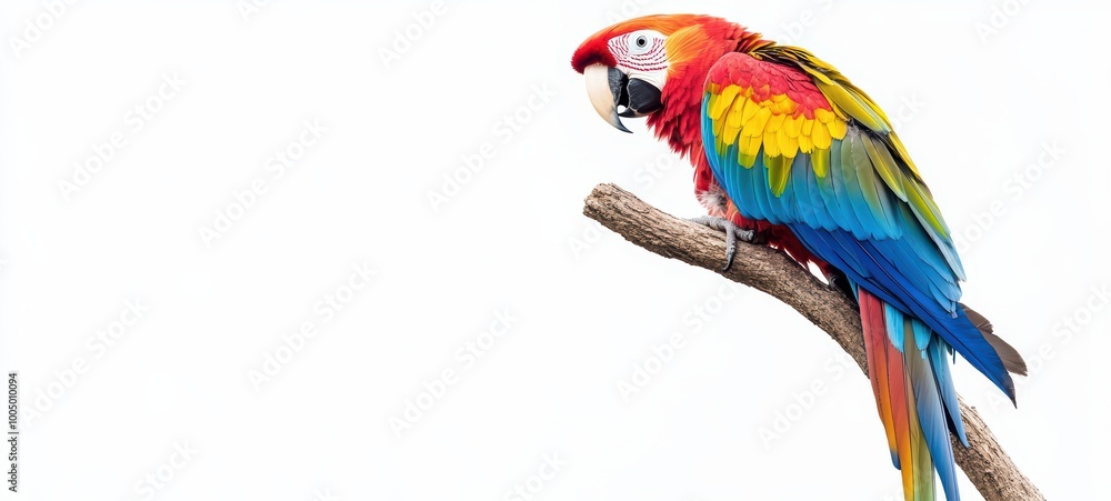 A vibrant parrot perched on a branch, with its bright, multicolored feathers standing out vividly against a white backdrop A vibrant parrot perched on a branch, with its bright, multicolored feathers standing out vividly against a white backdrop