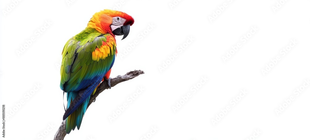 Obraz premium A vibrant parrot perched on a branch, with its bright, multicolored feathers standing out vividly against a white backdrop
