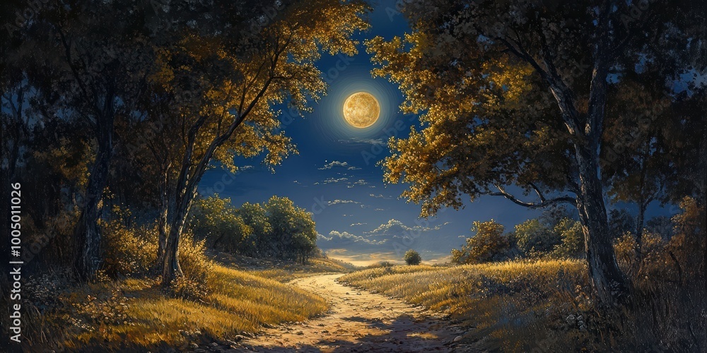 Peaceful Moonlit Landscape Under Bright Sky Peaceful Moonlit Landscape Under Bright Sky