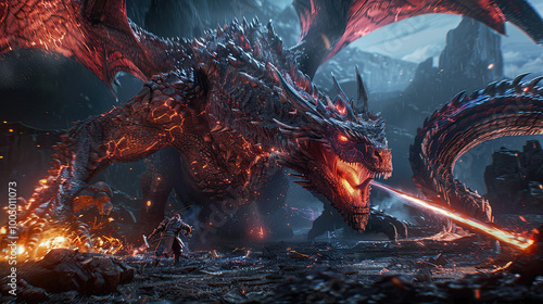 Gigantic dragon creature in a game scenario fighting a hero character.