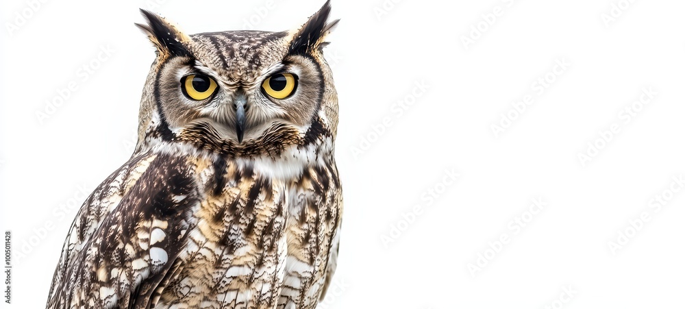 A wise owl with large, round eyes and detailed plumage, perched confidently against a stark white background A wise owl with large, round eyes and detailed plumage, perched confidently against a stark white background