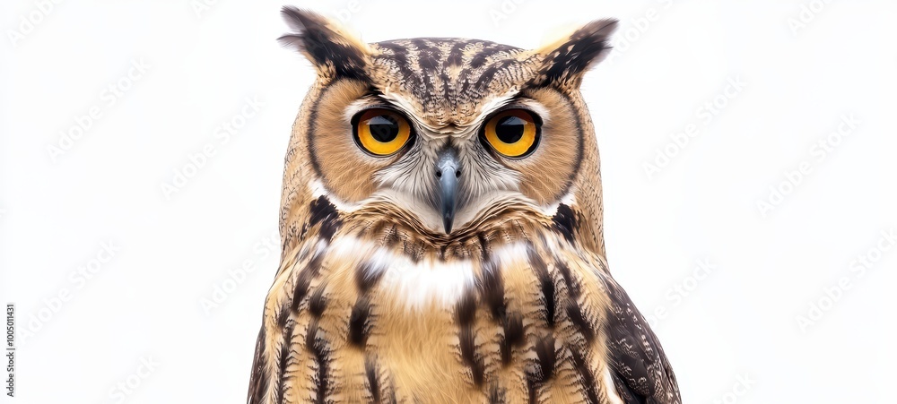 Naklejka premium A wise owl with large, round eyes and detailed plumage, perched confidently against a stark white background