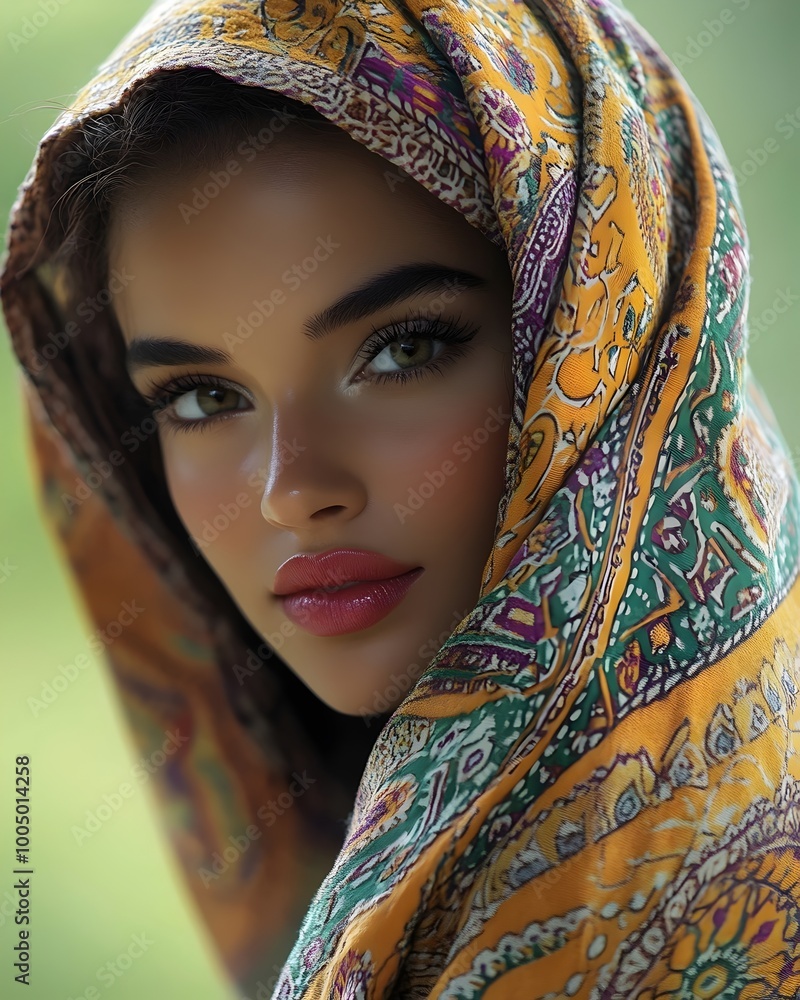 A young woman with dark hair and piercing green eyes looks directly at the camera with a soft, enigmatic smile. She is wearing a vibrant colorful patterned scarf that drapes around her head and neck. A young woman with dark hair and piercing green eyes looks directly at the camera with a soft, enigmatic smile. She is wearing a vibrant colorful patterned scarf that drapes around her head and neck.