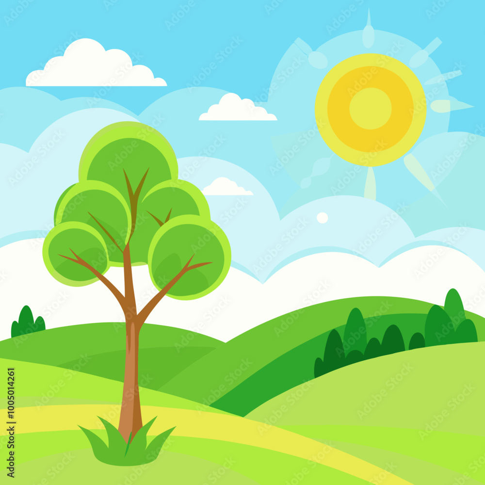 sunny meadow with rolling hills and a single tree sunny meadow with rolling hills and a single tree