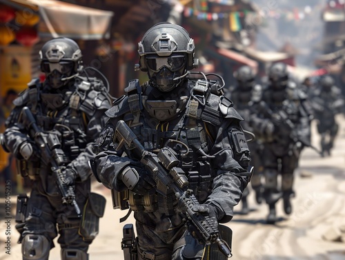 Futuristic Soldiers in Urban Combat: A Sci-Fi Military Scene