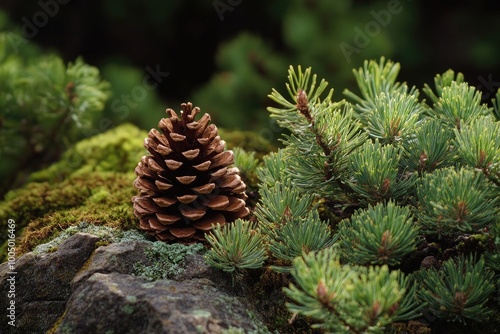 A Single Pine Cone Resting on Mossy Rock