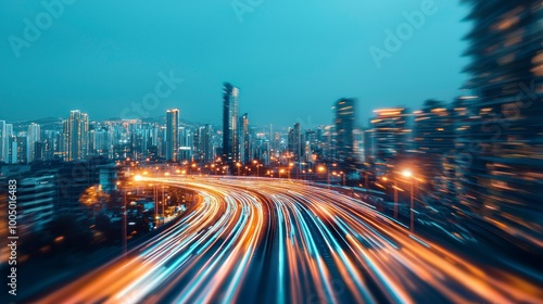 Dynamic cityscape at dusk with light trails from moving cars on a busy highway