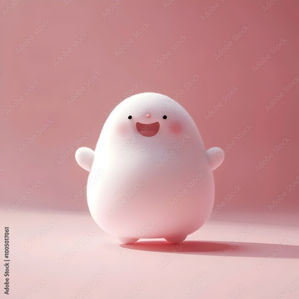 A 3D rendering of a cute, white, cartoon character with a big smile standing on a pink background. A 3D rendering of a cute, white, cartoon character with a big smile standing on a pink background.