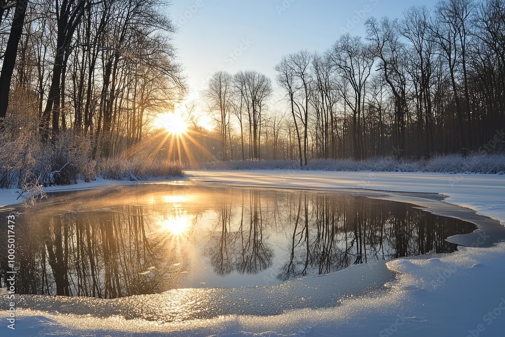 Sunset Reflection on Frozen Lake with Silhouetted Trees Sunset Reflection on Frozen Lake with Silhouetted Trees