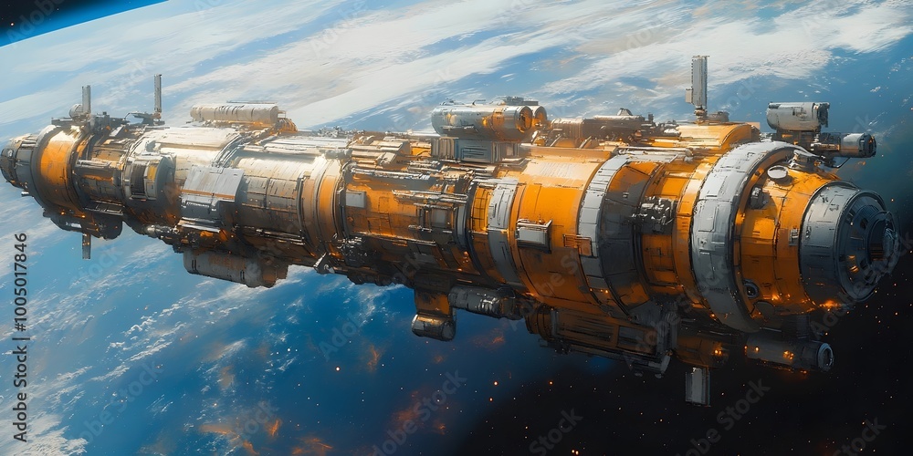 A futuristic spacecraft with a yellow and white color scheme, designed for space travel, orbits above a planet. A futuristic spacecraft with a yellow and white color scheme, designed for space travel, orbits above a planet.