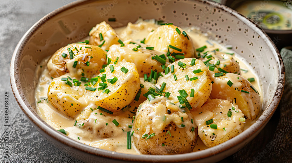 golden potatoes in a creamy cheese sauce, with chives sprinkled on top.